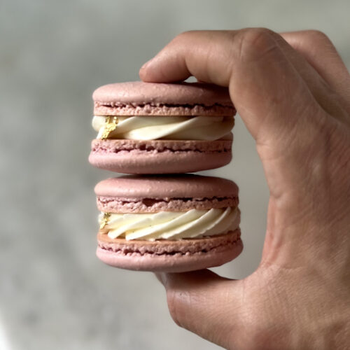 holding two Macaron filled with lavender ermine buttercream