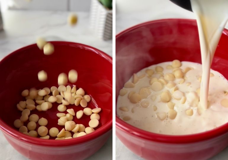 white chocolate chips falling into a red bowl and picture of cream pouring into bowl of chocolate chips on right 